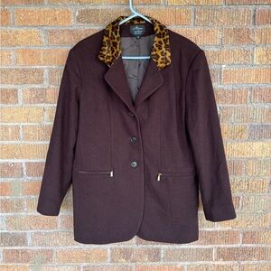 VTG Alanni by Donnybrook Chocolate Brown Wool Leopard Collar Blazer Jacket Sz 14